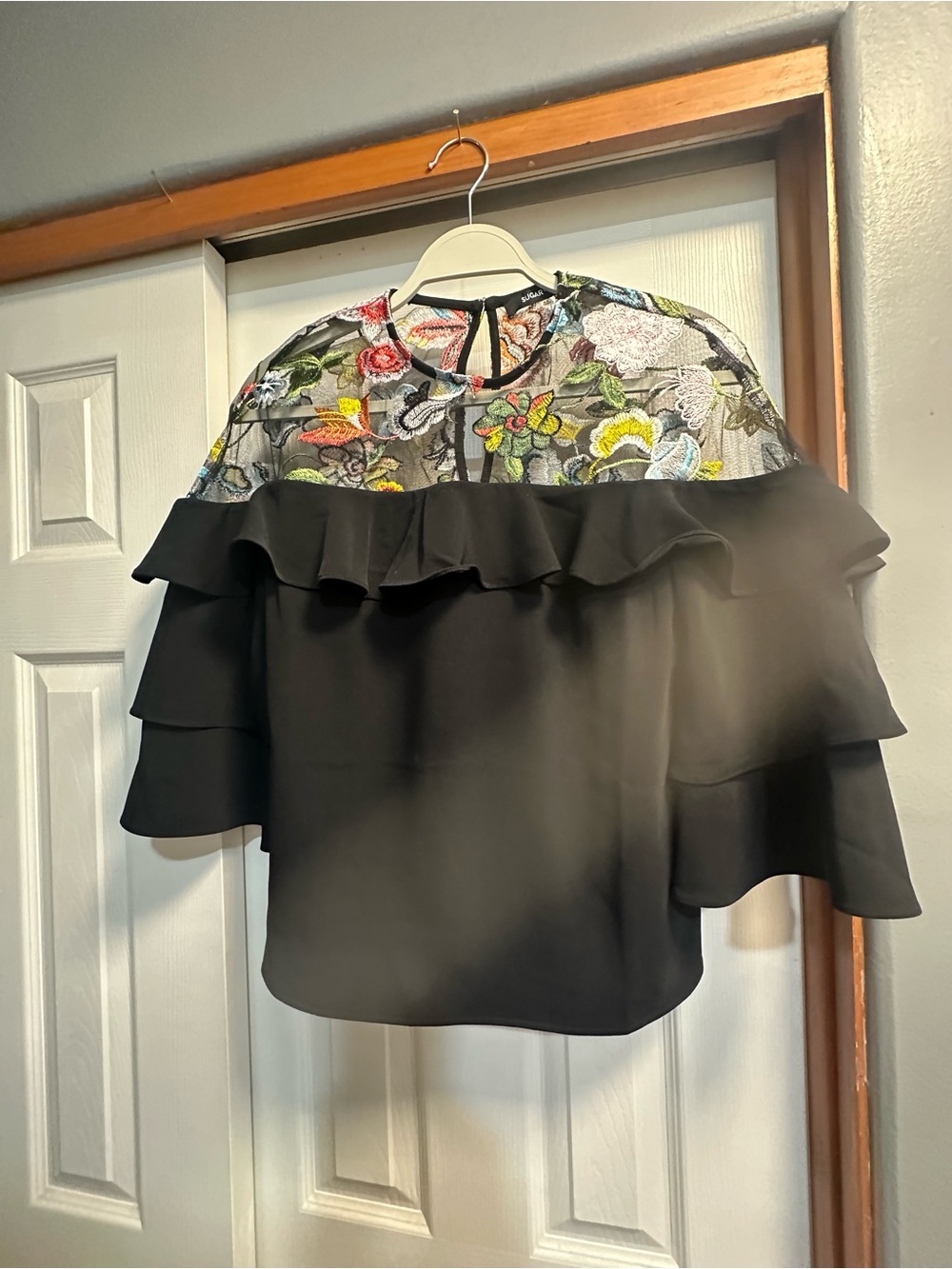 Sugarlips Black Blouse with Multicolor Floral Embroidered Lace Yoke
